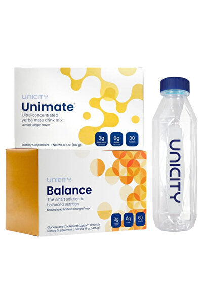 UNICITY Feel Great - علبة تحتوي على 60 كيس Balance و30 كيس Unimate، زجاجة مجانية 